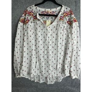 NWT Skies‎ Are Blue Embroidered Peasant Blouse Tassel Tie Neck White XXL